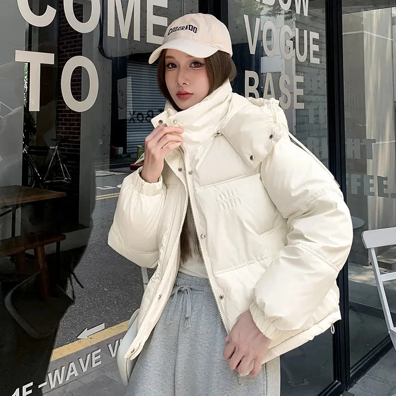 

2024 New Fashion PU Leather Cotton-padded Jacket Short Disposable Hat Cotton-padded Jackets Loose Winter Padded Bread Coat Tide