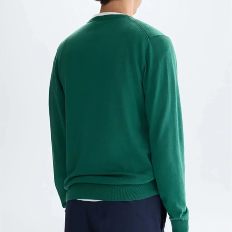 PG Men V Neck Knit Sweater Tiny Square Logo Embroidery Long Sleeve Soft Thin Pullover Solid Color Business Casual Male Jumper To