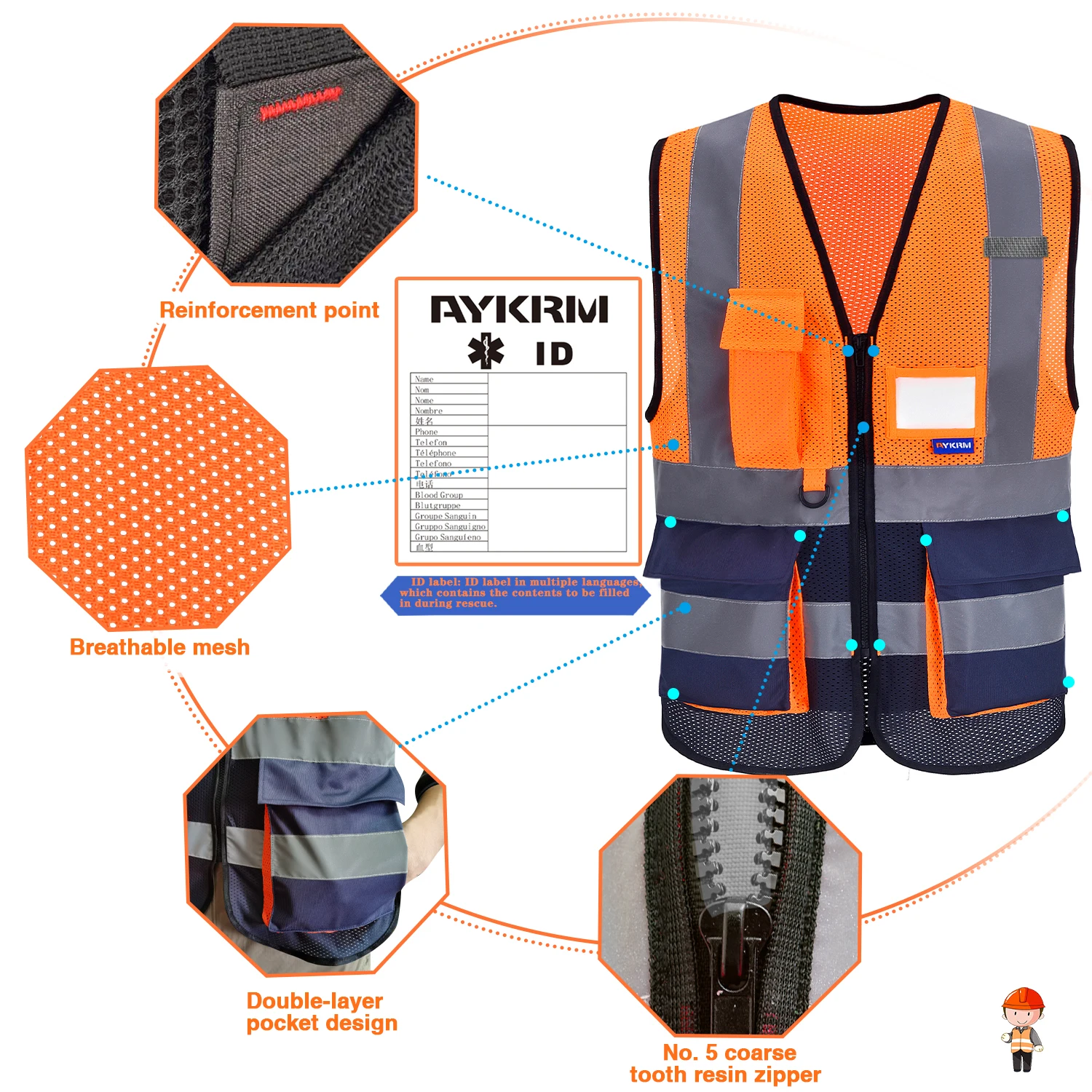 AYKRM 21 Colour （XS-8XL) Hi Vis Viz High Visibility Reflective Zip Pocket Security Waistcoats Jacket Workwear Vests