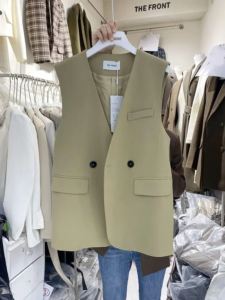 الكورية الخامس الرقبة بلا أكمام دعوى سترة المرأة الربيع والخريف 2025 جديد رداء غير رسمية سترة معطف