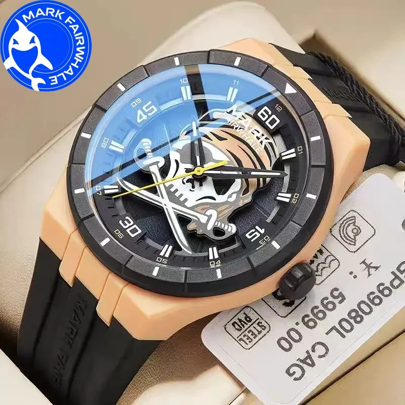 MARK FAIRWHALE Uhren für Herren, 5040, Kunstharzgehäuse, Trend, drehbares Piraten-Zifferblatt, Silikonarmband, wasserdichte Quarz-Armbanduhren, Geschenkbox
