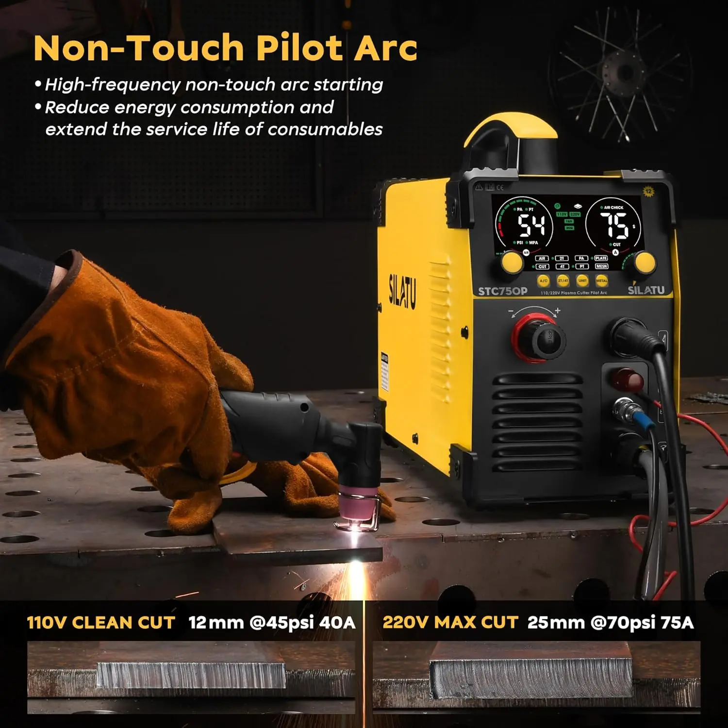 75Amps Plasma Cutter, Large LED Display, Non-Touch Pilot Arc, Air Sensor Technology, 110/220V Dual Voltage IGBT Inverter