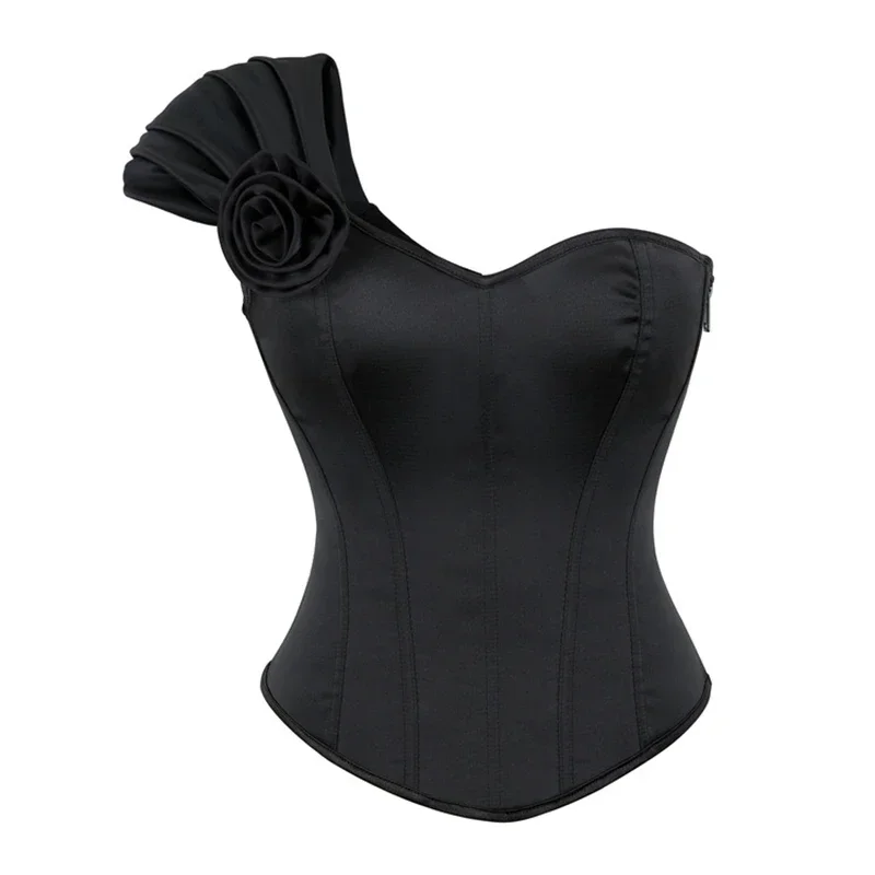 

Black Side Zipper Slanted One Shoulder Overbust Corset Women Gothic Satin Sexy Fashion Lingerie Body Shaper Bustiers Tops