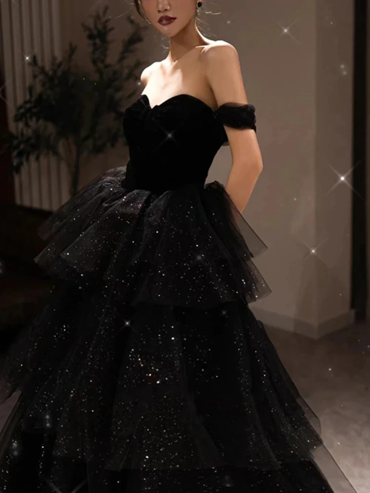 French Elegant Waist Black Evening Dress One-shoulder Birthday Prom Dress Sexy Simple Ball Gown Pleated Mesh Wedding Party Dress