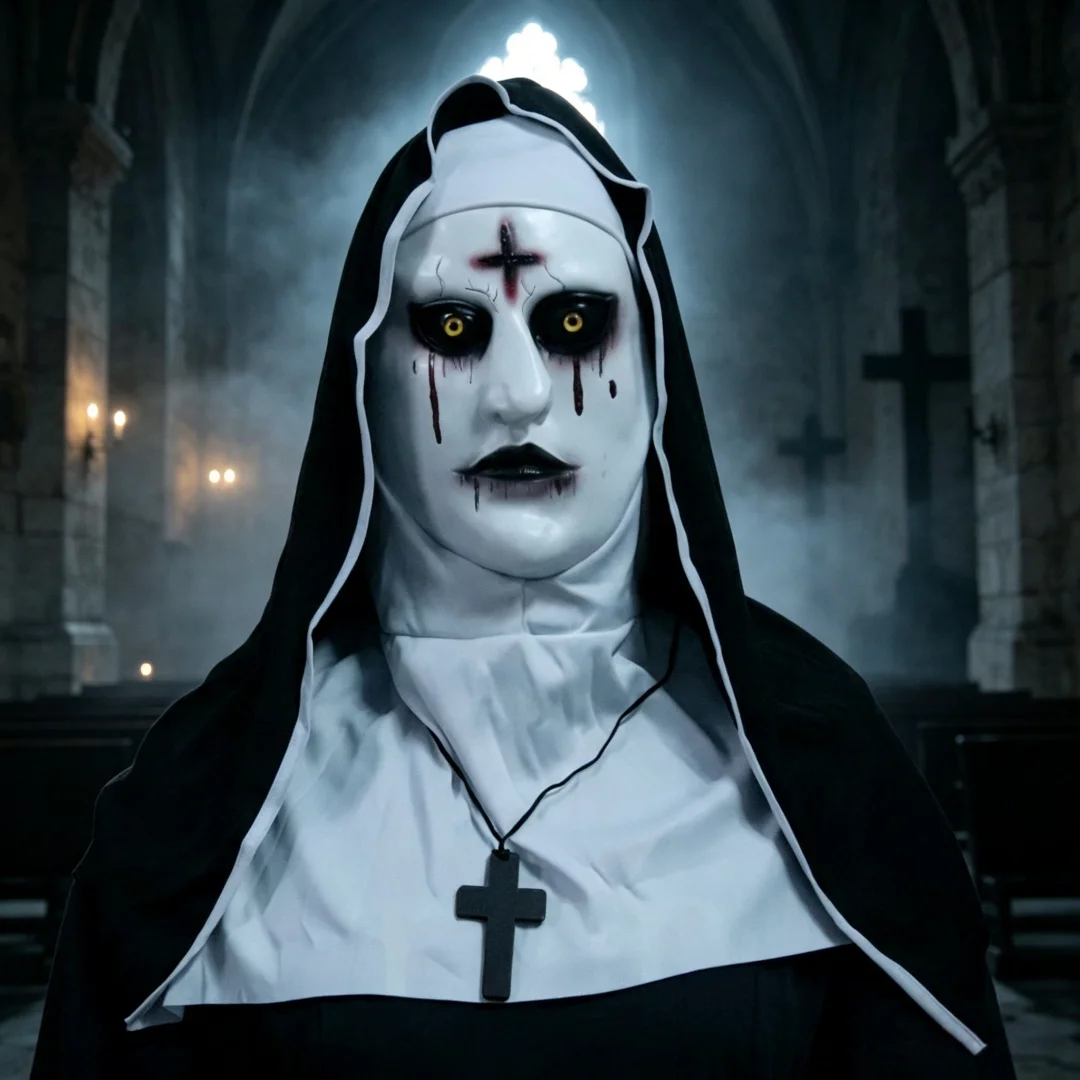 Halloween Creepy Bloody Cross Nun Mask with Cloth Head Wrap Realistic Horror Headgear for Masquerade Carnival Prank Party