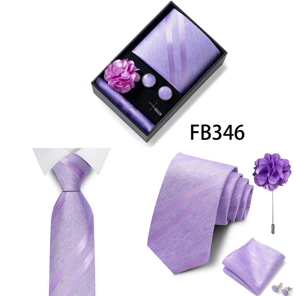 Neues Marken-Mode-Set: 8 cm Krawatte, Einstecktuch, Manschettenknöpfe und Brosche für Herren, Rot-Grau, Hochzeit, Geschenkbox, Passend für Partys – Detail 9