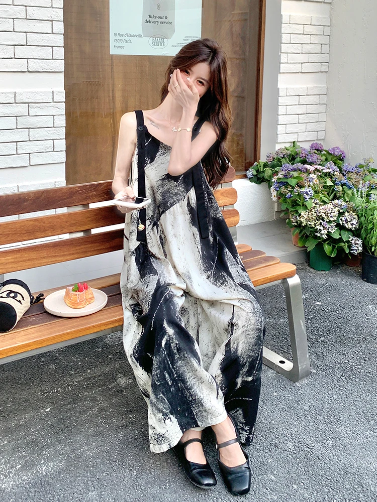 Ele Water-Media imprimé salopette à jambes larges femmes été décontracté ample confortable coréen Sle taille haute jambe droite Trou...