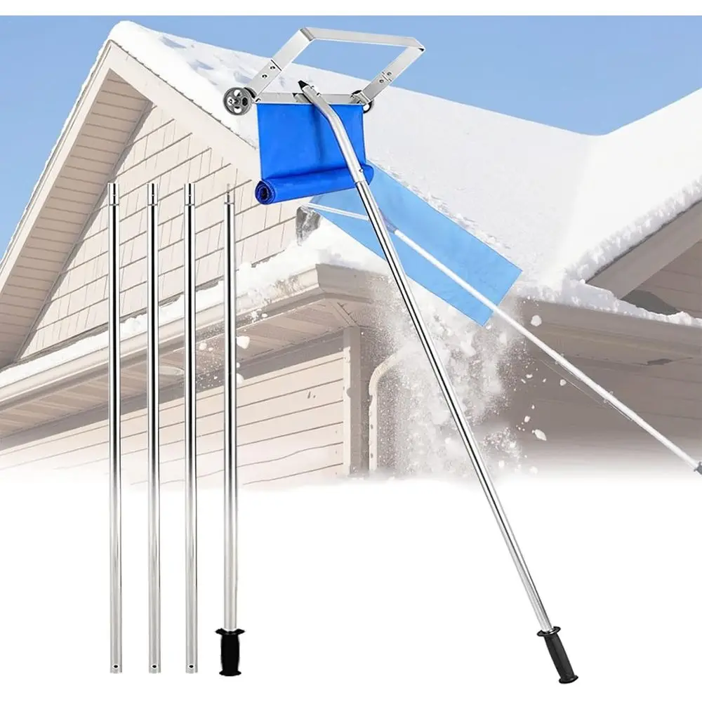 

21-футовые алюминиевые грабли для удаления снега на крыше с регулируемой ручкой и нейлоновыми направляющими для безопасного очистки крыши