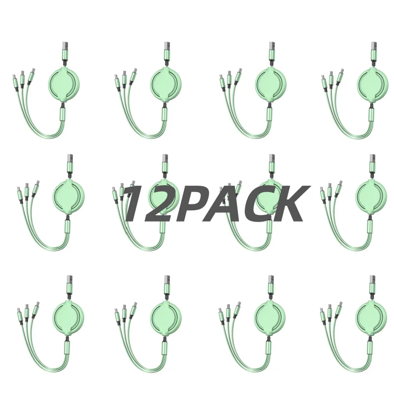 

Набор из 12 штук: зеленый выдвижной USB-кабель 3-в-1 длиной 1 м/3 фута с разъемами Type-C, Micro USB и IP-портом для большинства телефонов/для iPhone/для планшетов