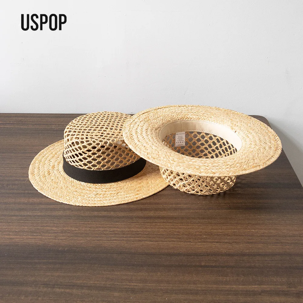 USPOP Women Handwoven Openwork Raffia Straw Boater Hat with Suede Band Wide Brim Sun Hat