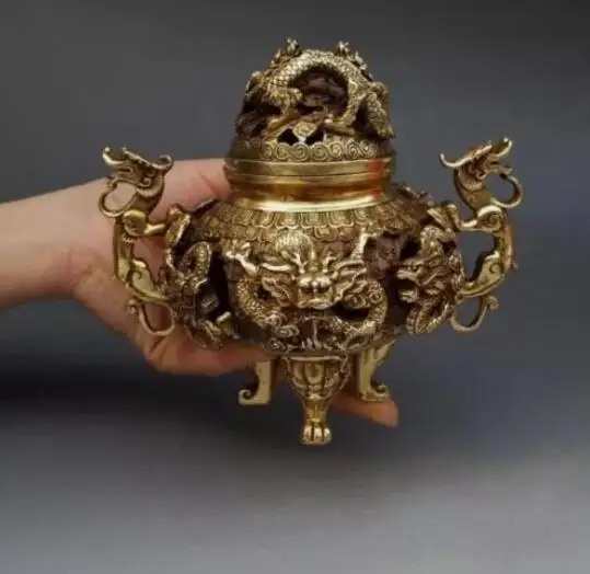 

7" Chinese Brass Gilt 9 Dragon Incense Burner Censer Incensory Burner 45566