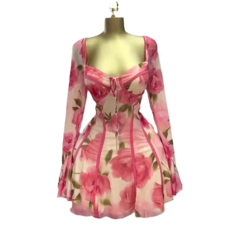 ผู้หญิงแฟชั่นชุดลําลองแขนยาว Tie Ruffle ดอกไม้ชุด Full Body พิมพ์เซ็กซี่หญิง Night Club Vestido