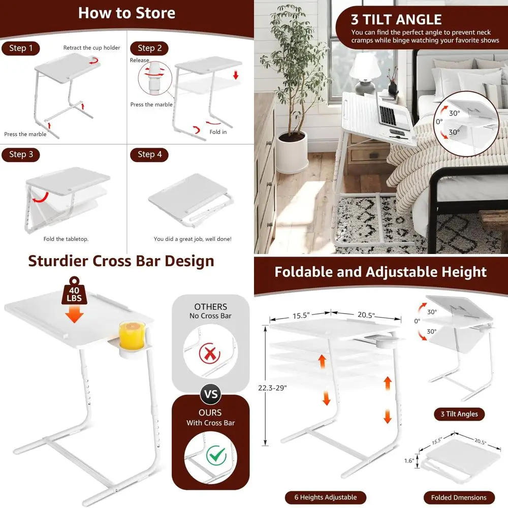

Portable Adjustable TV Tray - White Wooden Tables for Dining and Desk Use with Cup Holder