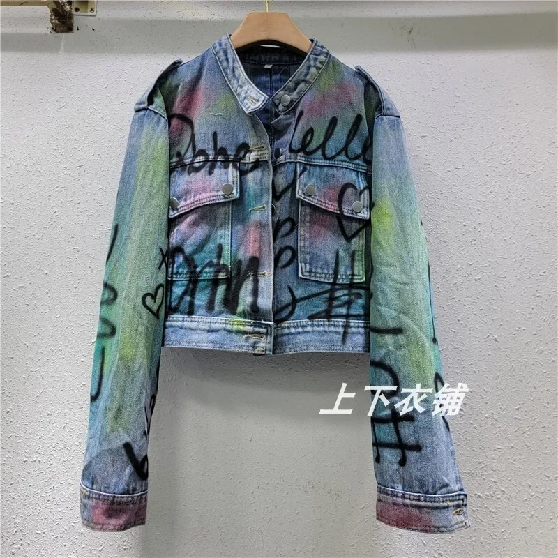 

Hand-painted Graffiti Letter Printed Blue Short Denim Jacket Women Casual Stand Collar Long Sleeve Big Pocket Jeans Jacket Coat