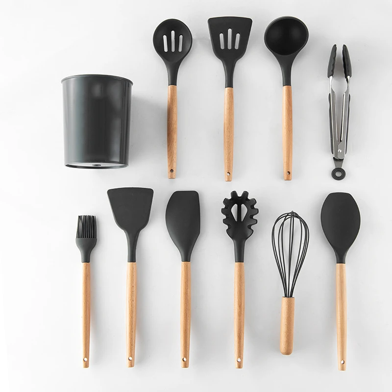 Silicone Cutlery Set Nonstick Spatula Wooden Handle Cookware Set with Storage Box Kitchen Utensils Kitchen Cooking Accessories