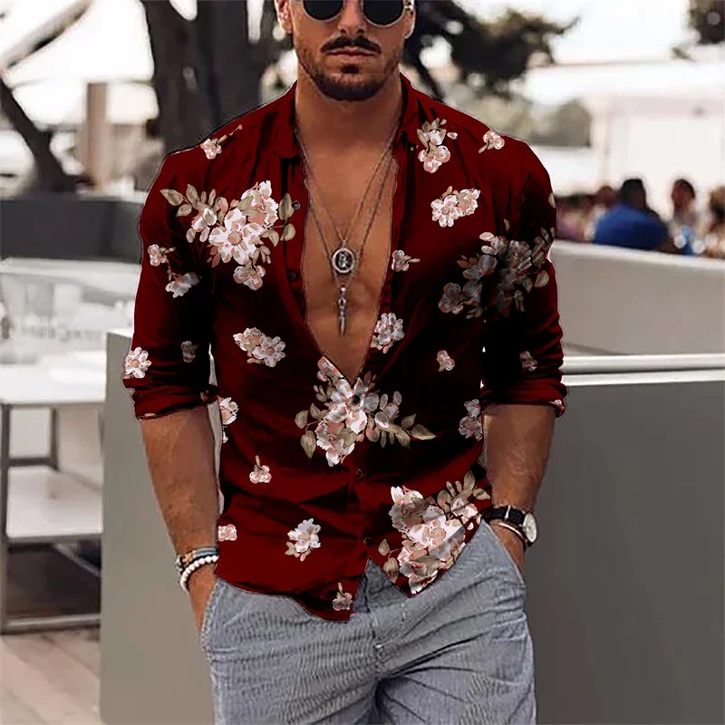 Men's Shirts Retro Casual Floral Gold HD Printing Spring Summer Lapel Long Sleeve Tops Fashion Trend 2023 Tops