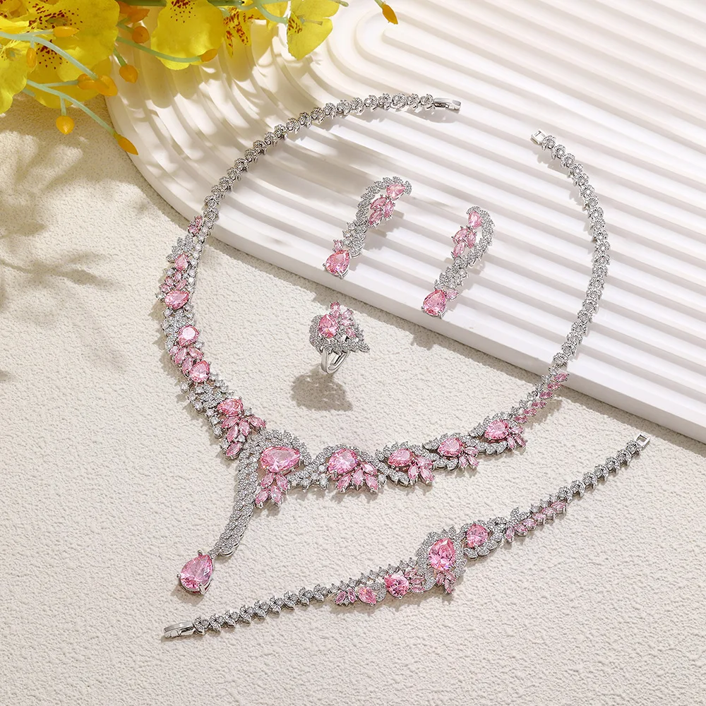 4 Pieces AAA Cubic Zirconia Necklace Earrings Bracelet Ring Sparkling CZ Crystal Women Bridal Wedding Jewelry Set Christmas Gift