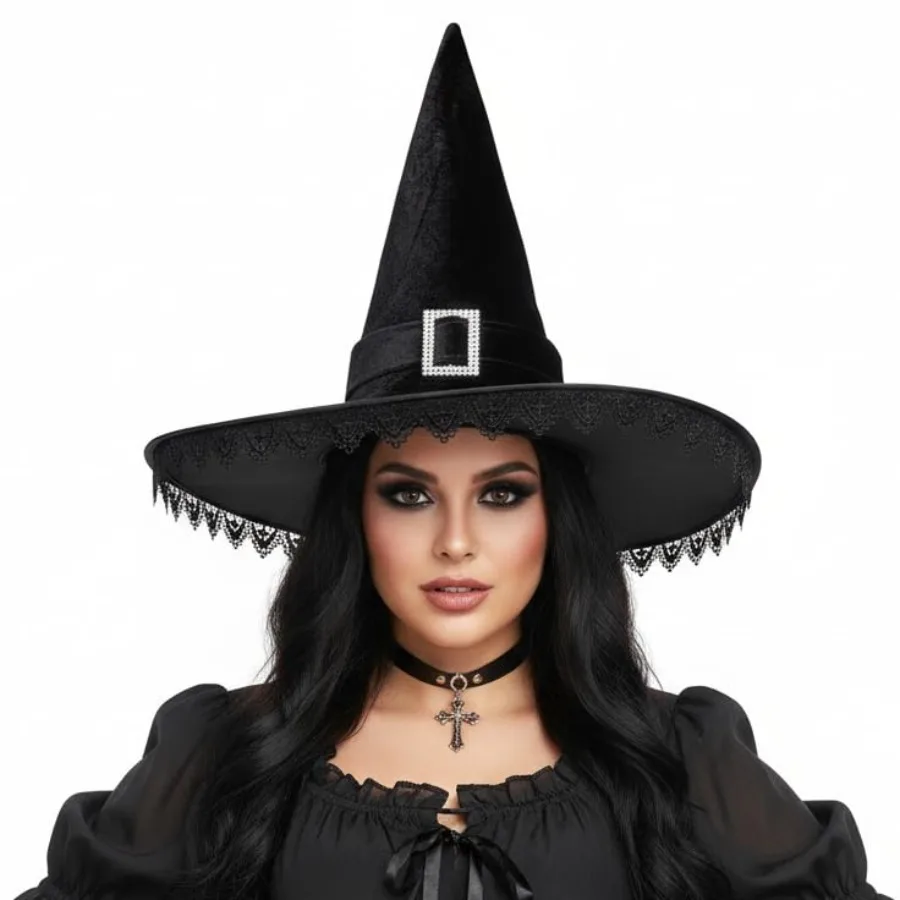 قبعة الساحرة للهالوين إكسسوارات أزياء نسائية سوداء مع هامش من الدانتيل لديكور حفلات Hocus Pocus موضوع مخيف Wearab