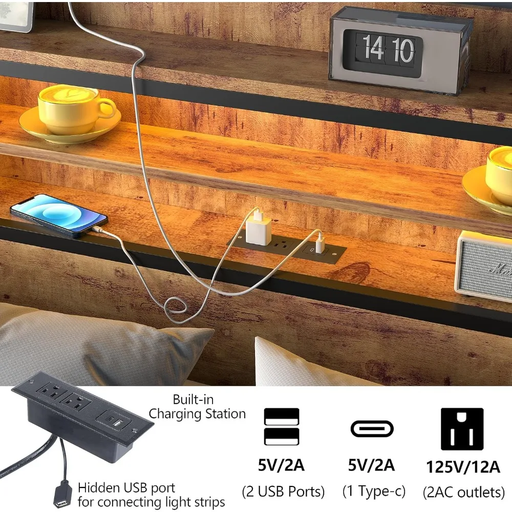 Cadre de Lit Complet à LED avec 4 Sorties et Ports USB, Plate-Forme en Métal avec Rangement à 3 Niveaux