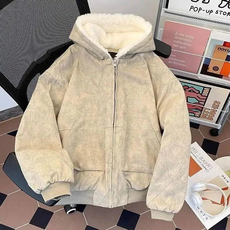 Women's Winter Cotton Thickened Fleece Lined Hooded Coat Mountain Eagle Pattern Casual Street Style Trendy Jacket