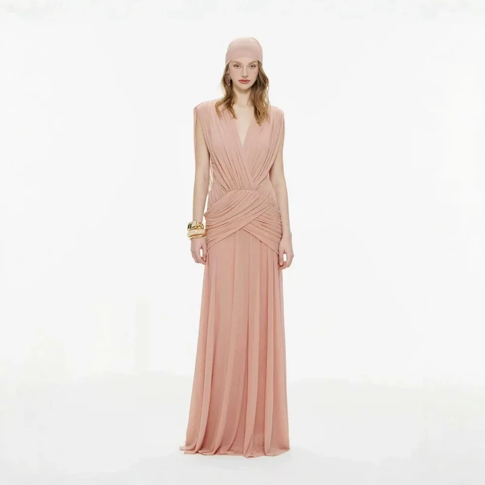 

Elegant Solid Draped Sleeveless Dresses Sexy Deep V-Neck Pleated Backless Maxi Dress Slim Celebrity Evening Party Cocktial Gowns