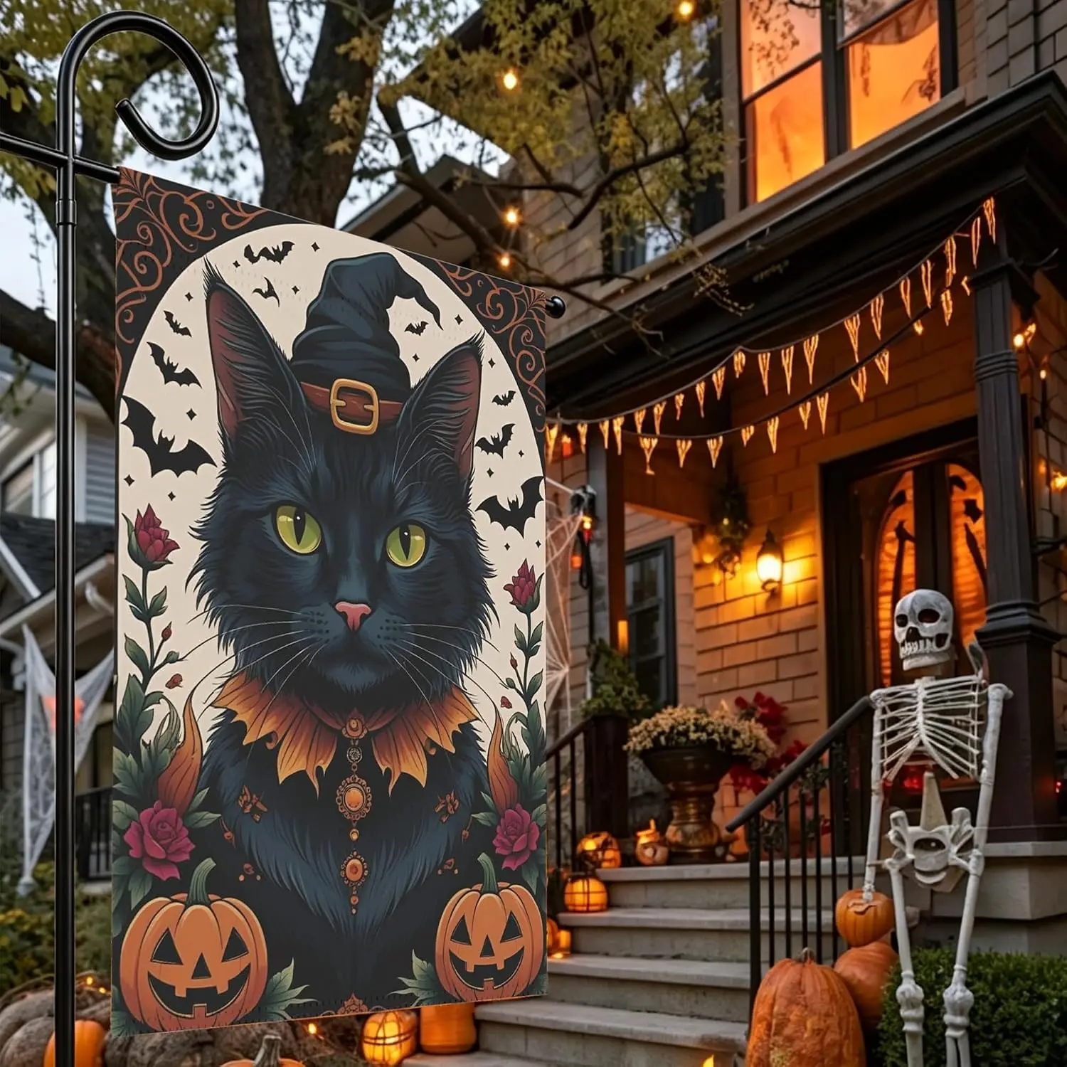 Black Cat Witch Hat Green Eye Pumpkin Bat 12x18 Double Sided Halloween Flag | Witch Hat Black Cat Pumpkin Double-Sided Oxfor uui