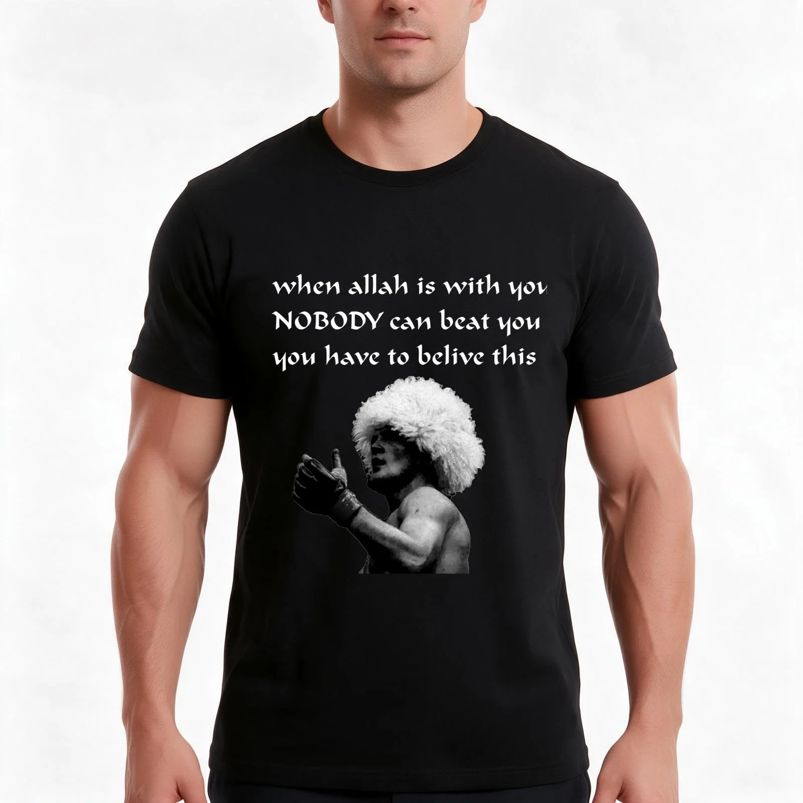 Khabib Nurmagomedov Quotes : when allah is with you nobody can beat you T-Shirt, Summer Casual Cotton Tee, Vintage Graphic Print