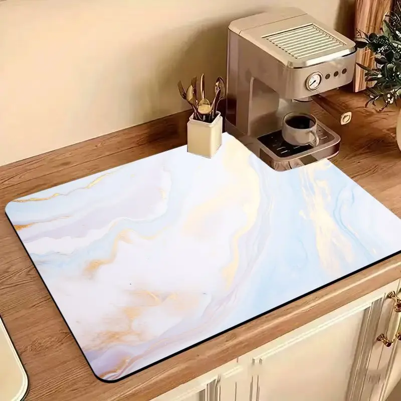 VIKAMA Light Blue Gradient Sand Marble Coffee Bar Mat Absorbent Quick Dry Anti-Slip Kitchen Coffee Counter Drying Rug Kitchen