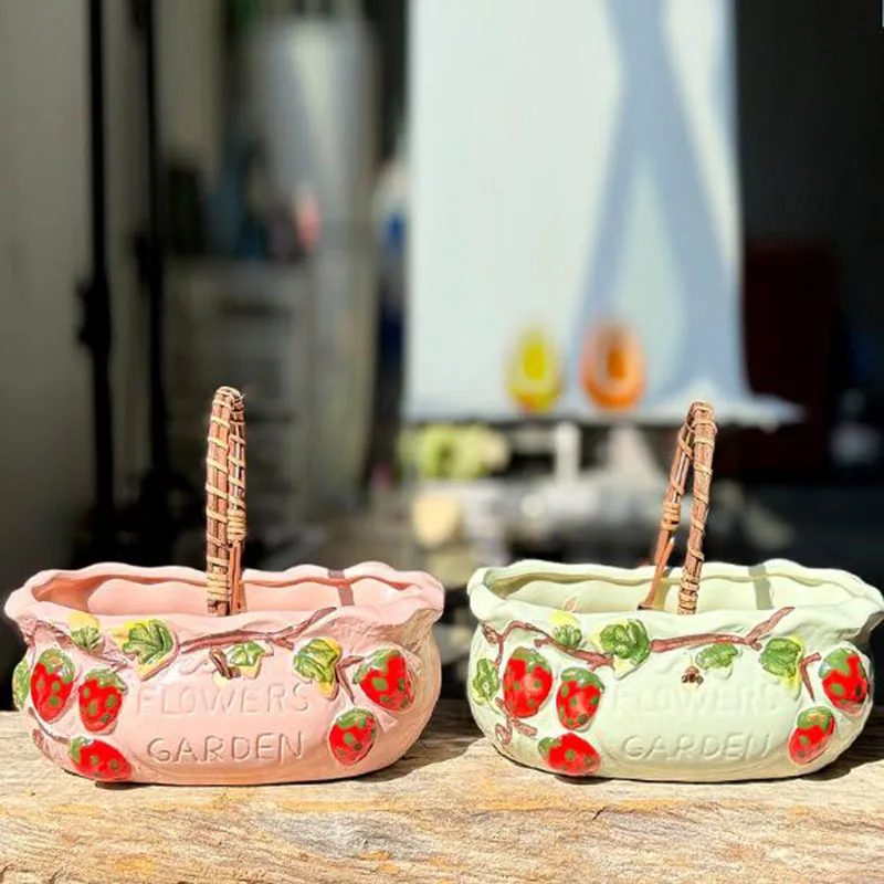 Large Caliber Coarse Pottery Strawberry Portable Basket Flower Pot Fleshy Plant Pot Breathable Vase with A Hole Garden Decor