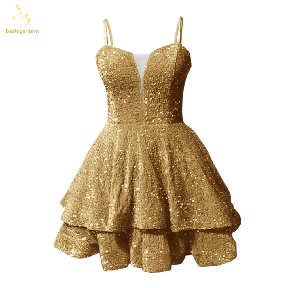 

Bealegantom Sexy Glitter Sequin Short Prom Homecoming Dresses Spaghetti Straps Sparkly Graudation Mini Cocktail Party Gown