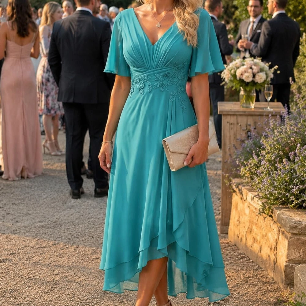 Szyfonowa sukienka dla mamy panny młodej, damska, do kolan, z koronkowymi aplikacjami, elegancka sukienka dla gościa weselnego z krótkim rękawem, Vestidos