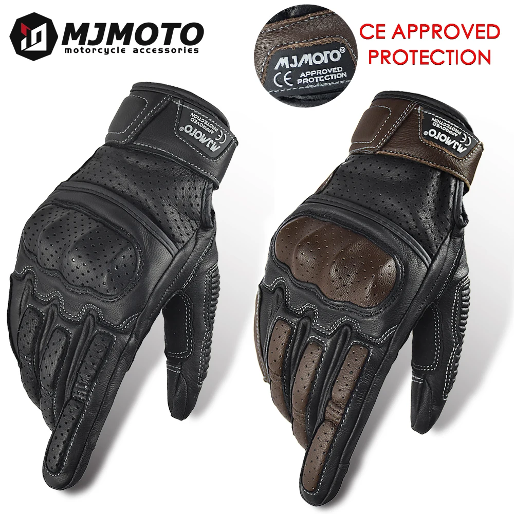 With CE Approved Summer Retro Perforated Leather Motorcycle Gloves Men Women Full Finger Motocross Dirt Biker Glove Guantes Moto