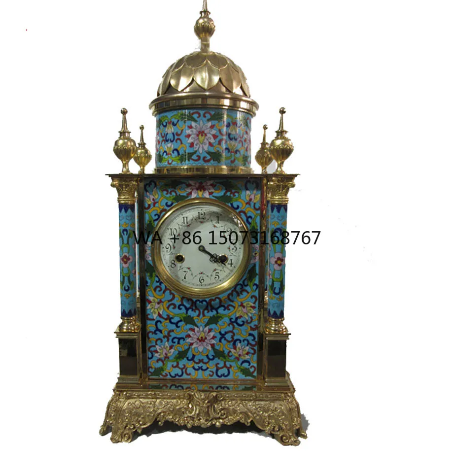 Brass Antique Gilt 19th  French  15 Days Mechanical  Floral Blue Cloisonne Enamel Champleve Brass Case Mosque Table/Desk Clock