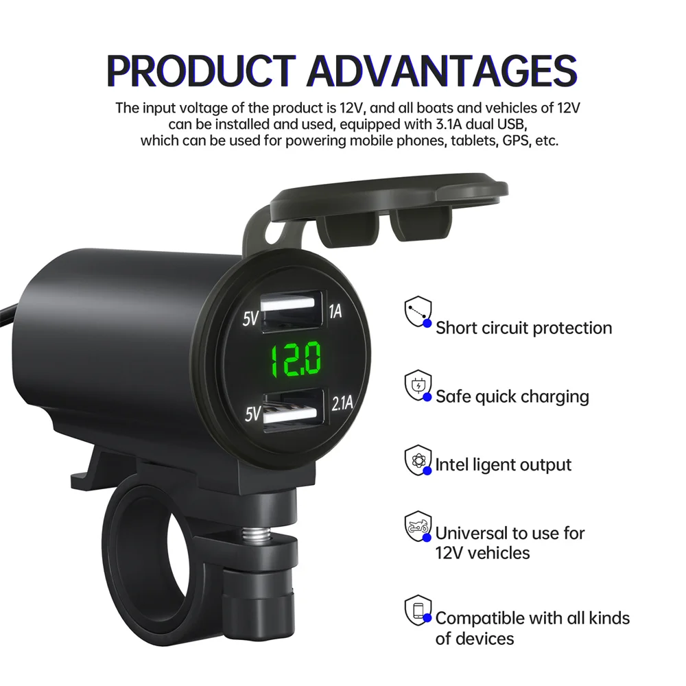 Chargeur de voiture USB 3.1a pour moto réaménagé, charge rapide, interface port tourisme, charge de téléphone portable avec voltmètre