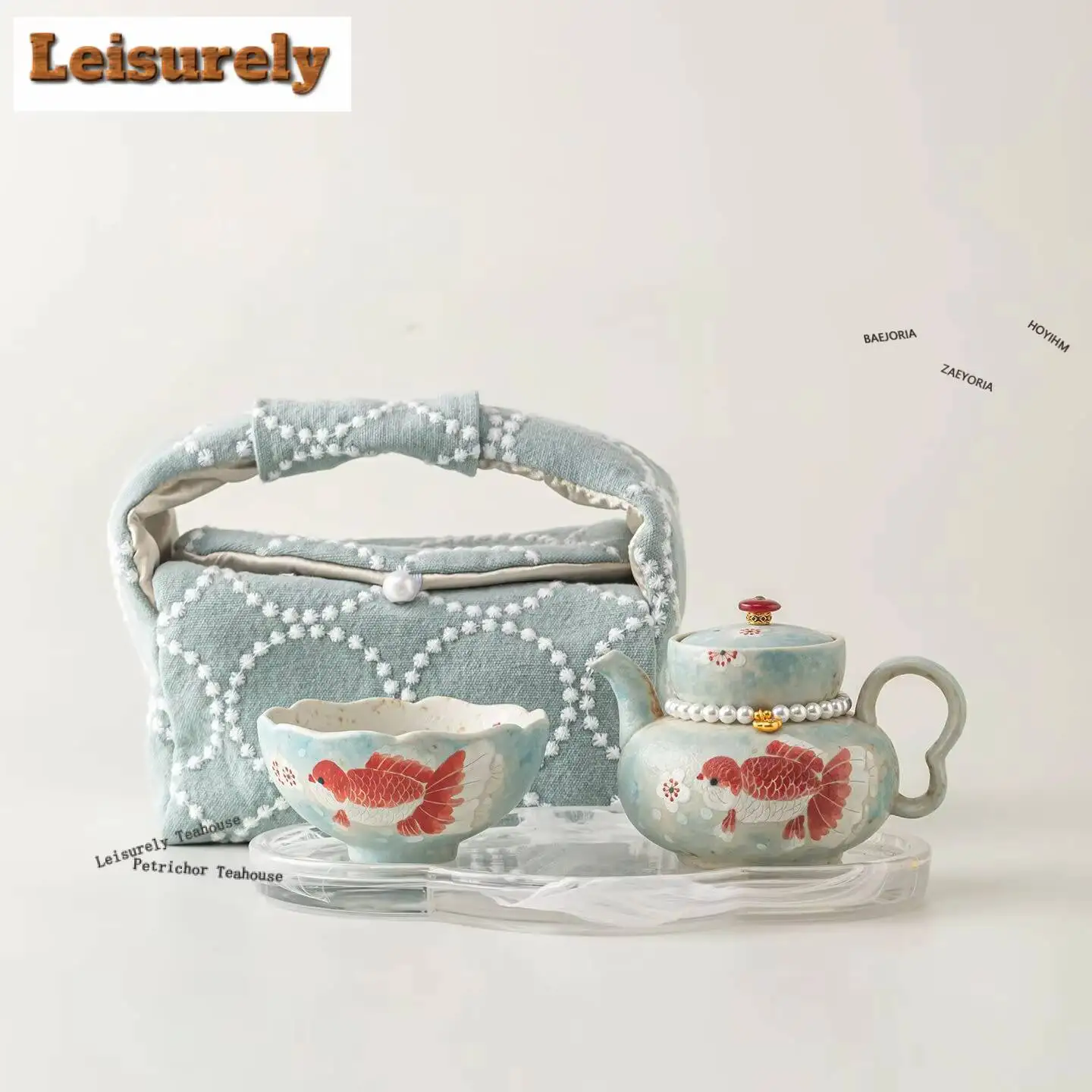 

Firestone Red Hand-painted Koi Fish Travel Tea Set Kit Japanese 1 Pot 1 Cups Tea Brewing Organizer Portable Picnic Stock Bags