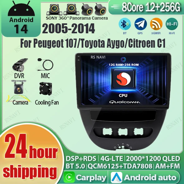 

Android 14 Multimedia Player For Peugeot 107 Toyota Aygo Citroen C1 2005-2014 Navigation Carplay Auto Stereo Car Radio Head Unit
