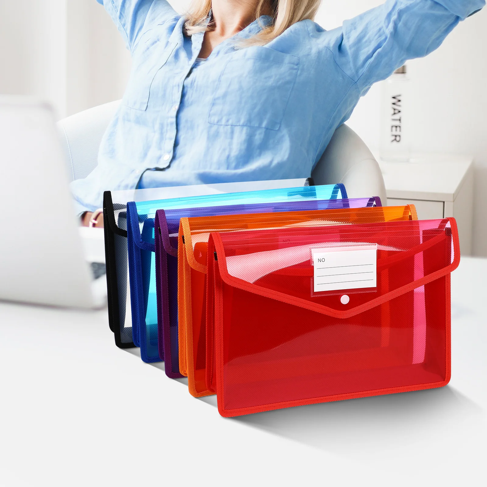 5Pcs Clear Plastic File Folder Snap Button Closure Document Organizer Large Capacity Label Pocket Plastic Wallet A4 Folder