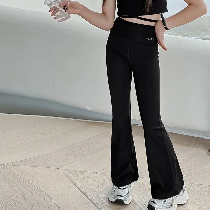 Kids Girls Autumn Winter Shark Leggings Fleece-Lined Yoga Pants Micro Flare Pants Black Slim Fit Thermal Trousers