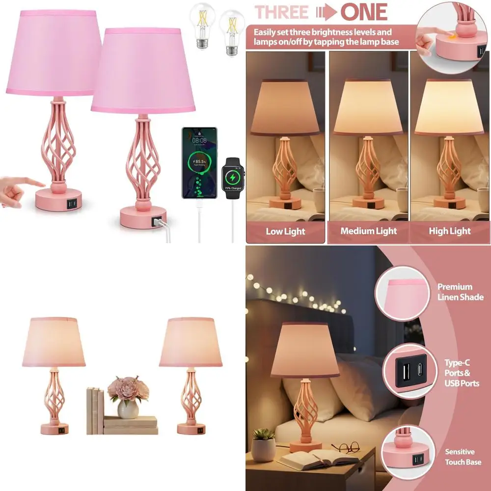 

Pink Touch-Sensitive Bedside Lamp Set, USB Type-C Charging, Ideal for Living Room and Bedroom (Set of 2)