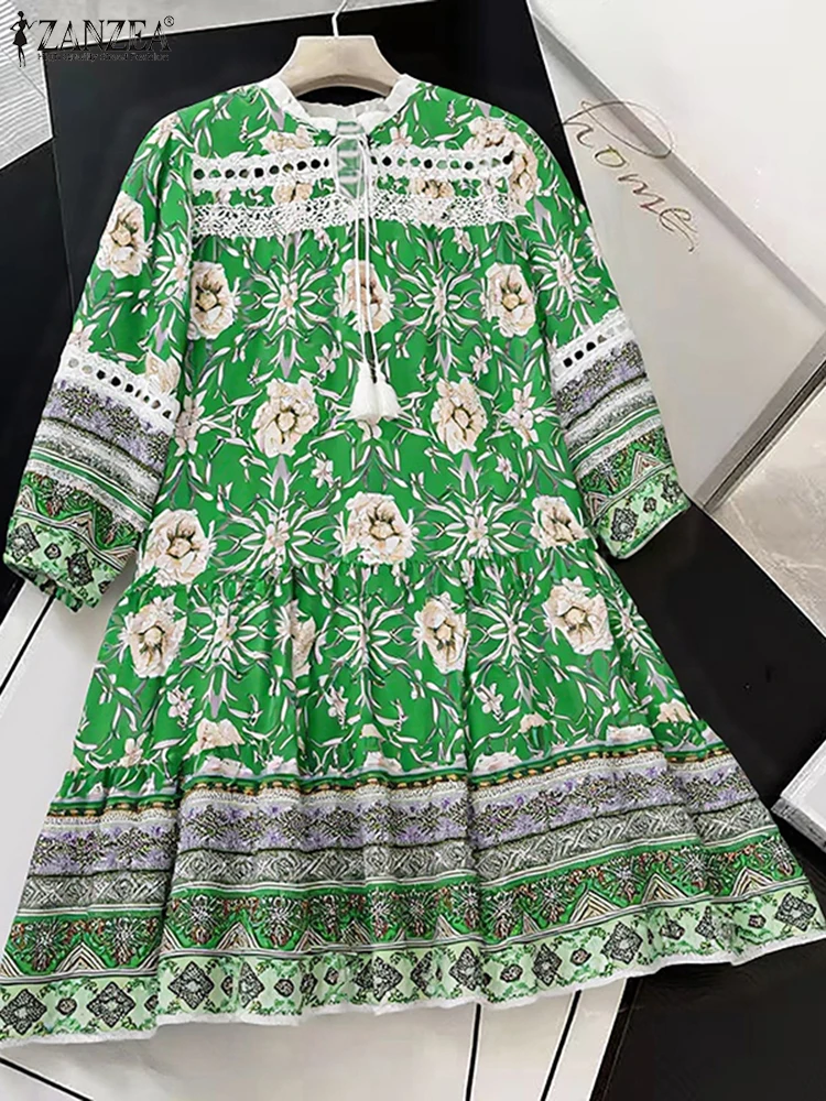 

2025 Autumn Printed Dress Fashion Lantern Sleeve Lace-Up Sundress Bohemian 3/4 Sleeve Loose Robe ZANZEA Casual A-Line Robe Femme
