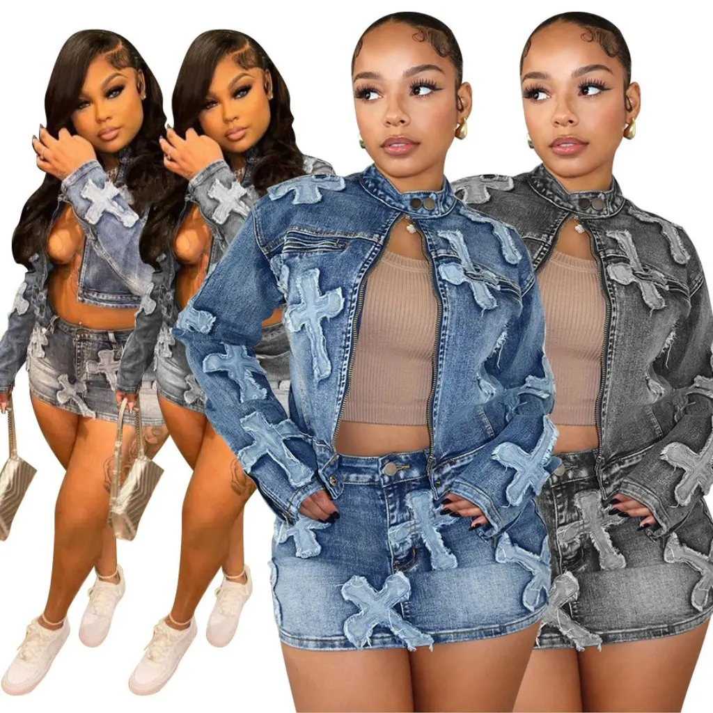 Spring Denim Skirt Suit S8505 European American Style Short Embroidered Jacket Set Hot Selling Women's Fashion