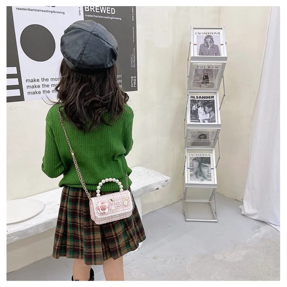 New Flower Decoration Small Square Bag Mini Korean Style Crossbody Bags Pearl Handle Shoulder Bag Children