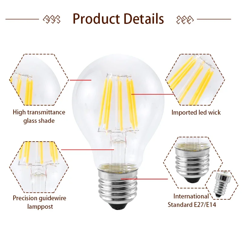 6pcs/lot LED Edison Bulb 220V 2W 4W 6W 8W Led Bulb E14 C35 C35L Filament Light E27 G45 A60 G80 G95 Retro Vintage Glass Bulb Lamp