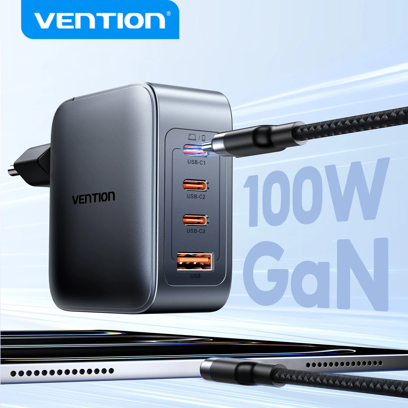 Зарядное устройство GaN Vention 100 Вт, USB Type C, зарядное устройство PD Fast Charge Phone QC 3.0 для iPhone 16 15 14 13 Pro Max, ноутбука iPad, быстрое зарядное устройство
