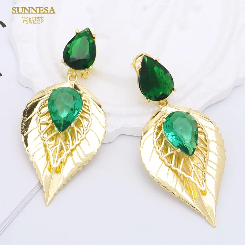 

Sunnesa Green Zircon Leaf Earrings for Women African Jewelry Accessories Wedding Prom 18k Gold Plated Luxury Big Drop Earrings