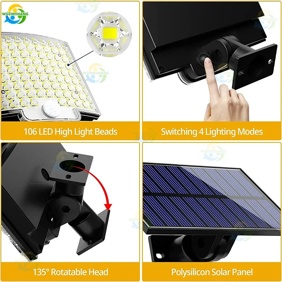 Luz LED Solar para exteriores, lámpara de pared con Sensor de movimiento superbrillante, impermeable IP65, 4 modos de funcionamiento, 188 unidades