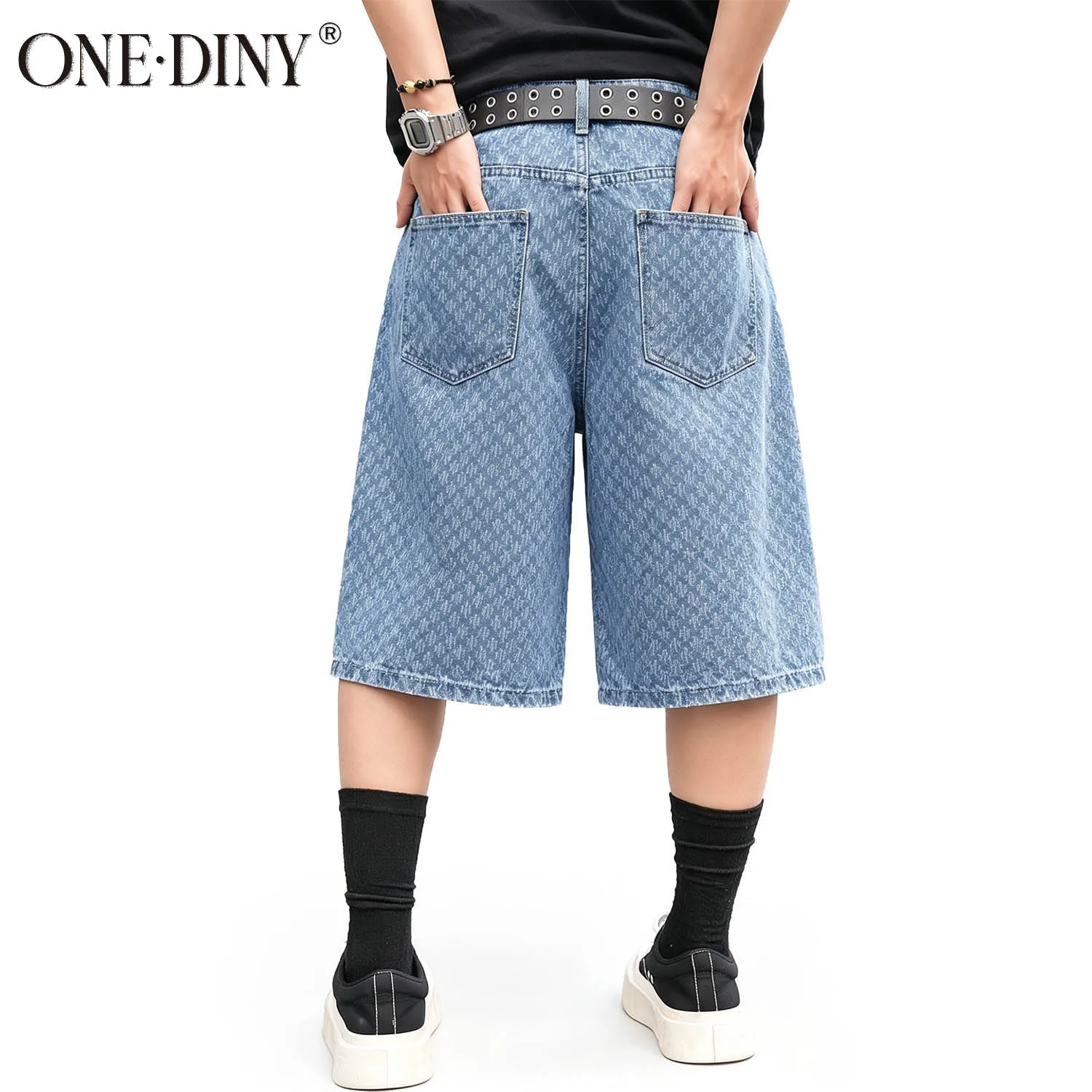 ONE·DINY American High Street Jacquard Washed Dark Pattern Cowboy Men's Summer Loose Wide Leg Trendy Brand Street Vacation Pants