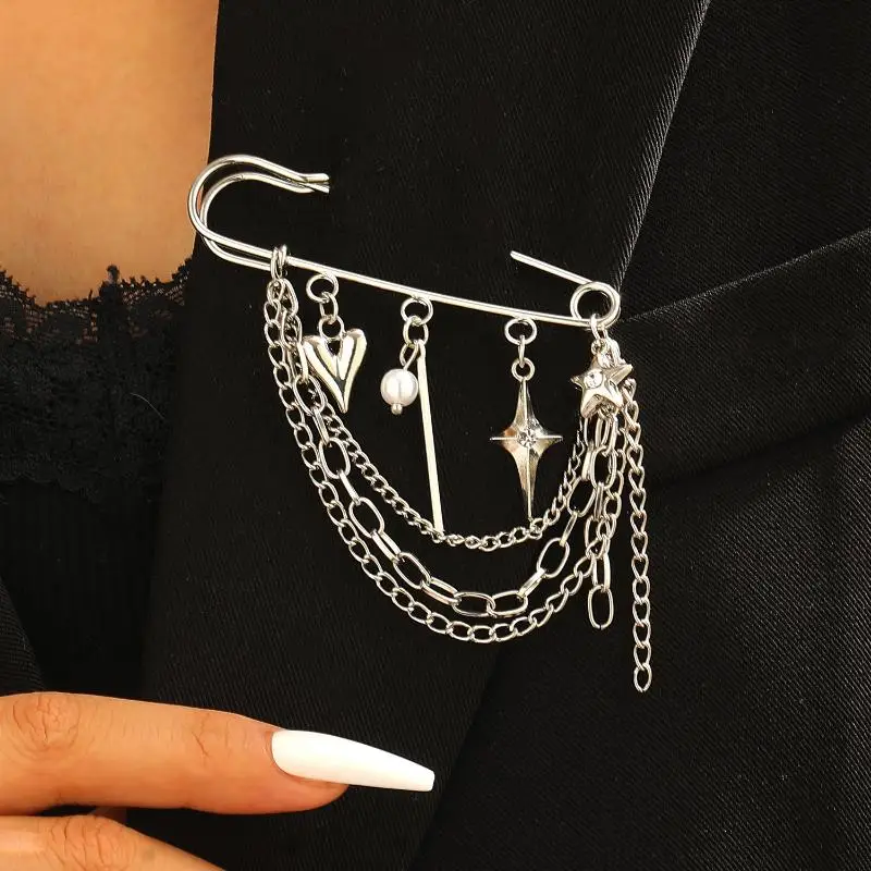 Fashion Heart Star Tassel Chain Brooch Simple Metal Pearl Multi-Layer Chain Brooches Charm Jewelry Decoration Accessories