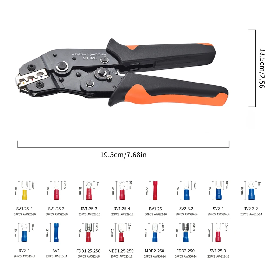 SN-02C Draht-Crimp-Werkzeug-Set, isolierte Draht-Elektro-Steckverbinder, Crimp-Stoß, Ring, Spaten, Klemmen, Kabelschuhe, Sortimentsset