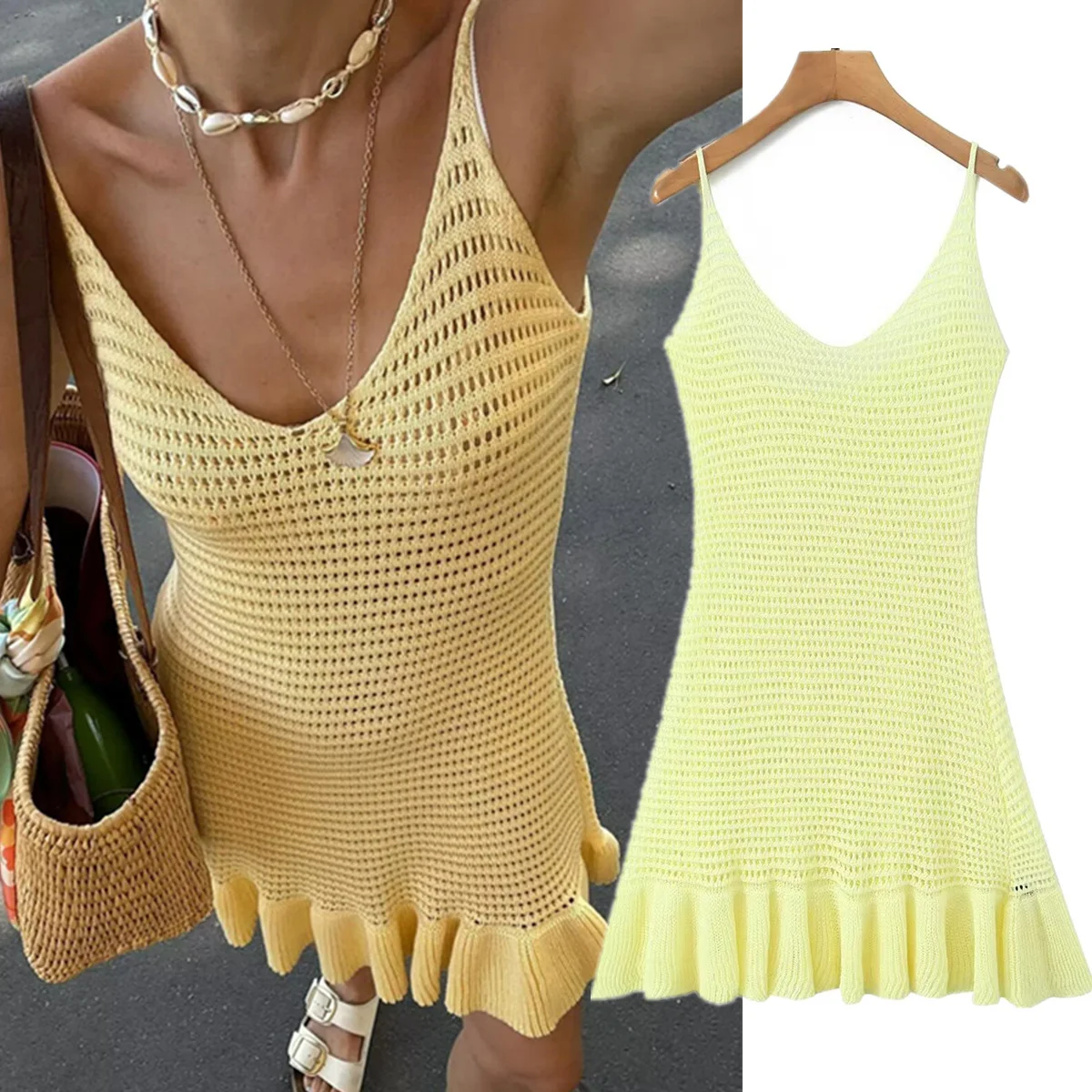 

Jenny&Dave Summer Dress Women Bohemian Vintage Yellow Hollow Out Sexy Strapless Dress Elegant Party Dresses Vestidos Womens Dres